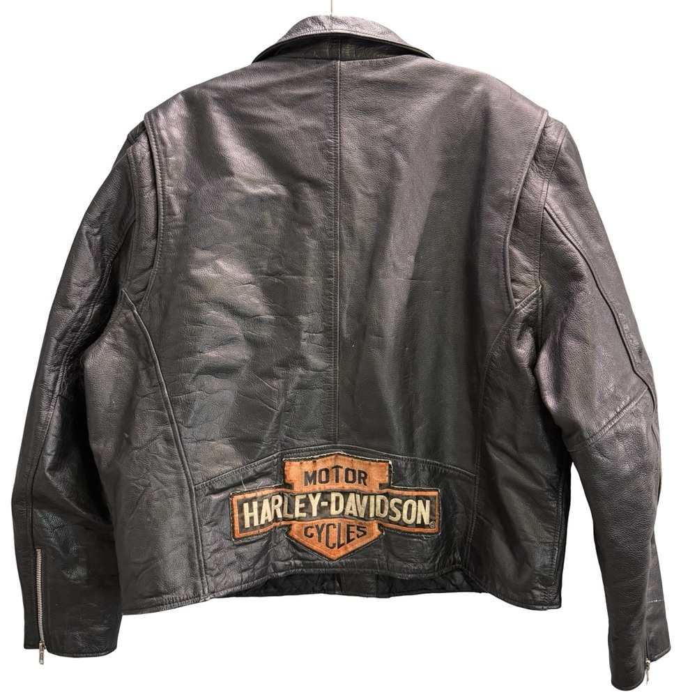 Vintage FMC black leather motorcycle jacket with‎ Harley Davidson patch XL